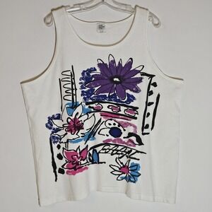 Vintage The Body Co Tank Womens One Size White Abstract Floral Graphic Top 80s